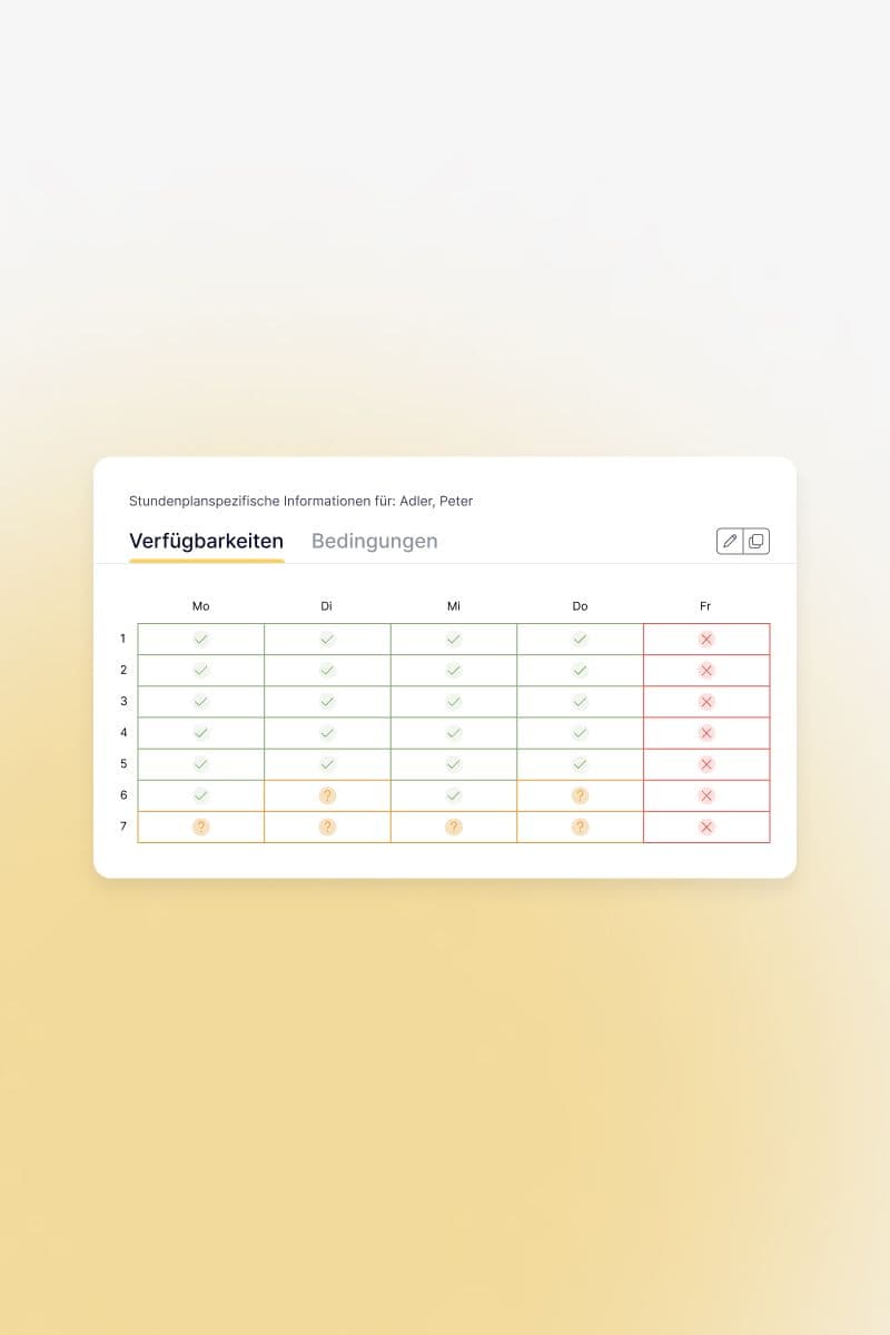UI zur Anzeige von Verfügbarkeiten und Bedingungen in einer tabellarischen Übersicht.