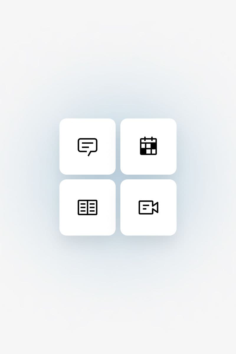 UI-Symbolübersicht mit Icons für Chat, Kalender, Dokumente und Video.